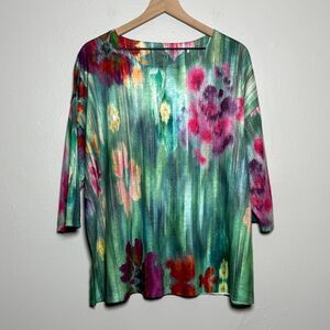 FDJ Womens Top XXL Green Red Abstract Watercolor Shirt 3/4 Sleeve Casual Artsy